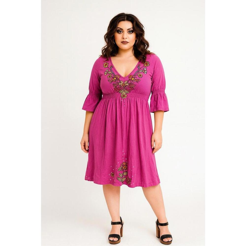 Johnny Was dress xs pink floral embroidered empire waist y2k 90s preppy summer